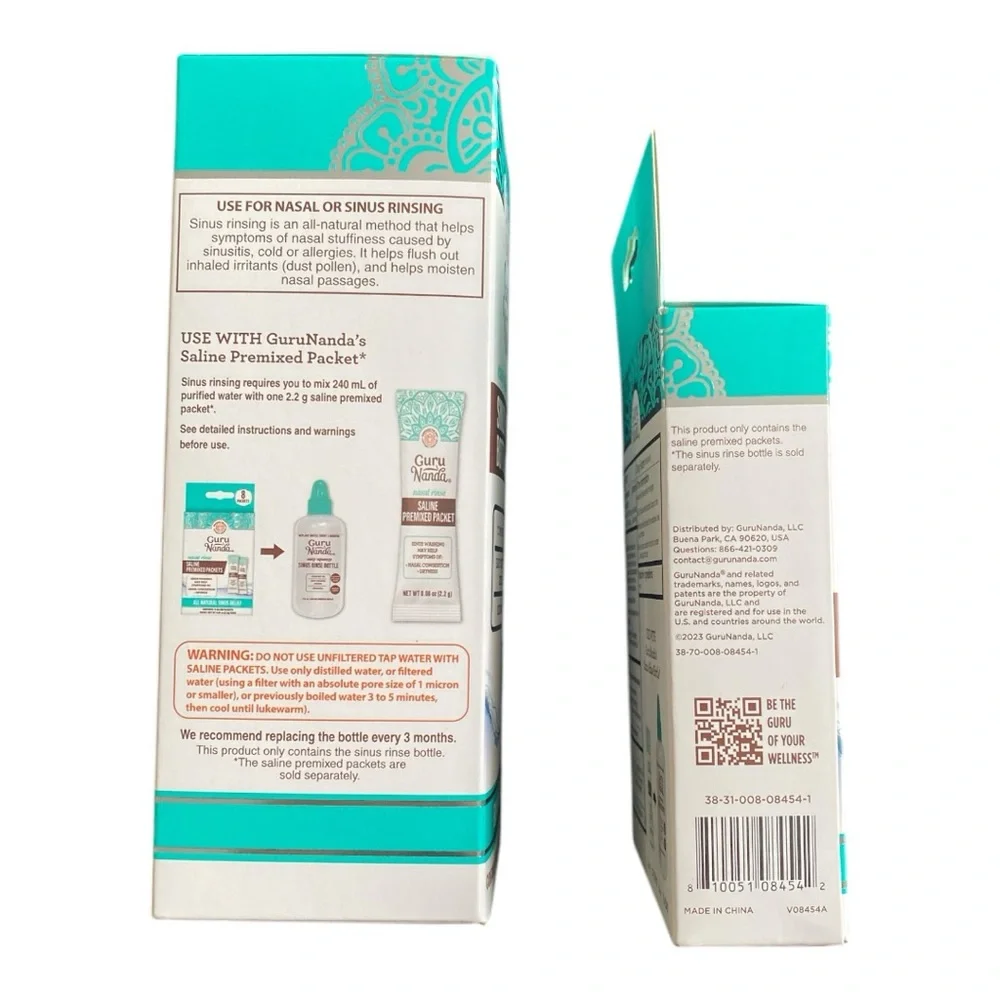 2 Piece Set Of Guru Nanda Sinus Rinse Bottle Nasal Rinse Saline Premixed Packets